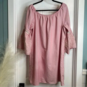 Fig & Flower Pink & White Striped Embroidered Sleeve Detail Dress. Size X-Large.